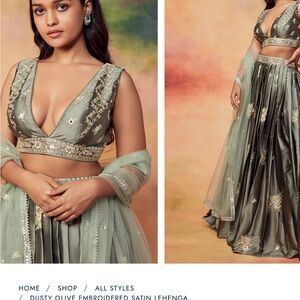 Embroidered Satin Lehenga in Olive Green